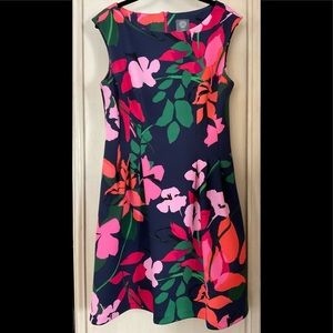 Vince Camuto crew neck, floral dress. Pockets. Pink floral on navy dress